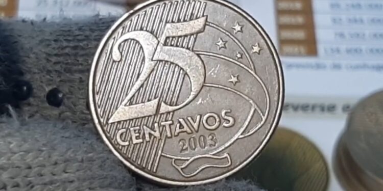 Moeda 25 centavos 2003 com reverso invertido