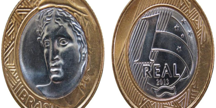 Moeda de 1 real com anverso e reverso