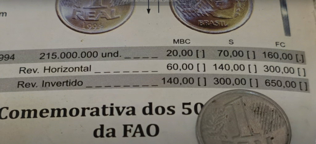 Moeda antiga de 1 real de 1994 sobre catálogo de preços para moedas comemorativas
