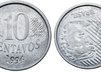 Moeda de 10 centavos de 1994 com erro de cunhagem raro, mostrando o rosto invertido