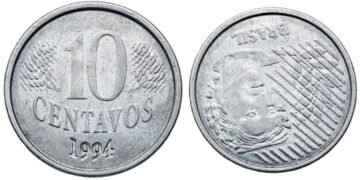 Moeda de 10 centavos de 1994 com erro de cunhagem raro, mostrando o rosto invertido