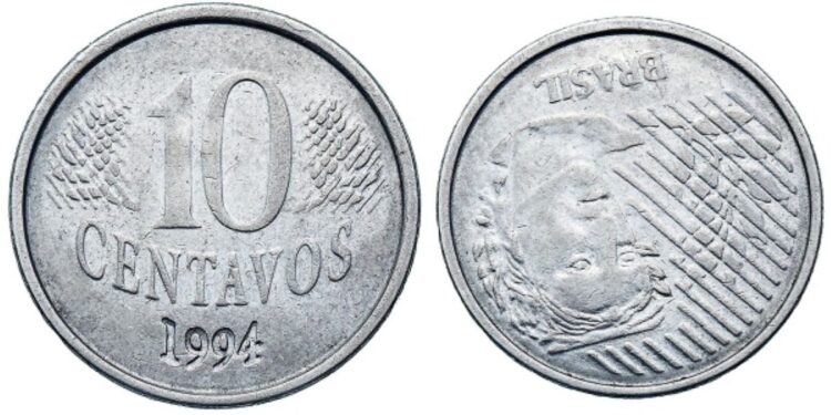 Moeda de 10 centavos de 1994 com erro de cunhagem raro, mostrando o rosto invertido